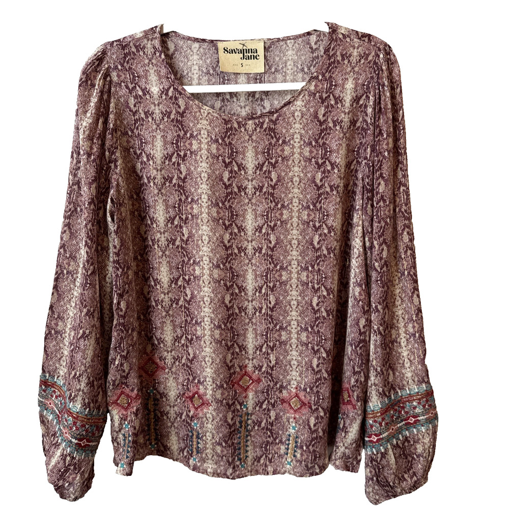 Savanna Jane NWOT Womens S Boho Embroidered Metallic Peasant Blouse Hippie Sheer